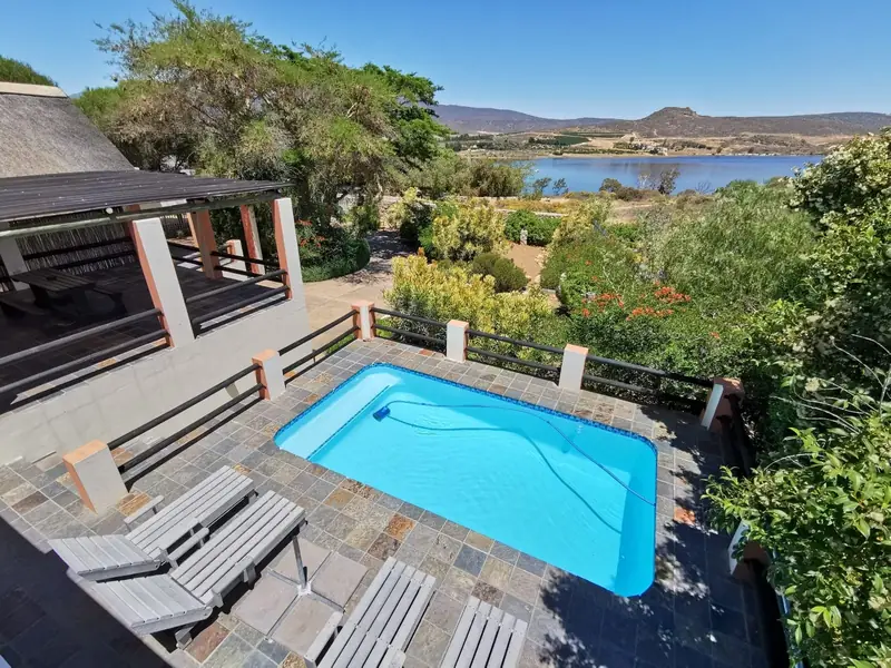 Swimming pool looking across Clanwilliam Dam towards the Cederberg mountains